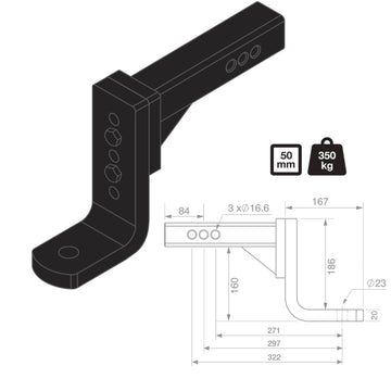 TAG Adjustable Tow Ball Mount - 297mm Long, 90ยฐ Face, 50mm Square Tow Ball Hitch